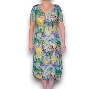 ALQUEMA RARE Tropical Floral Bird Print Crinkle Smash Dress